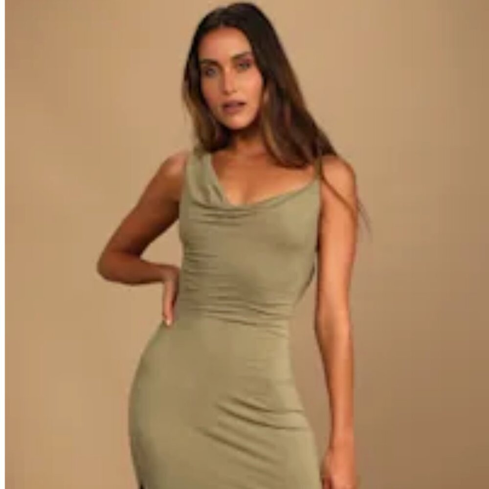 Olive Green Asymmetrical Cowl Neck Midi Dress – Women’s M – New